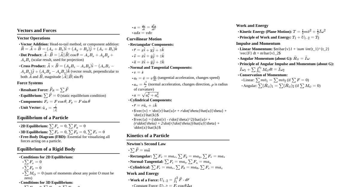 Hibbeler Mechanics Cheatsheet