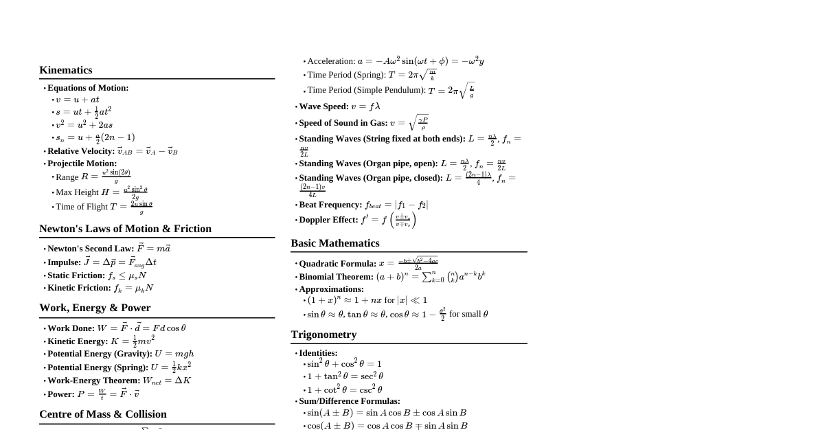 JEE Class 11 Formulas