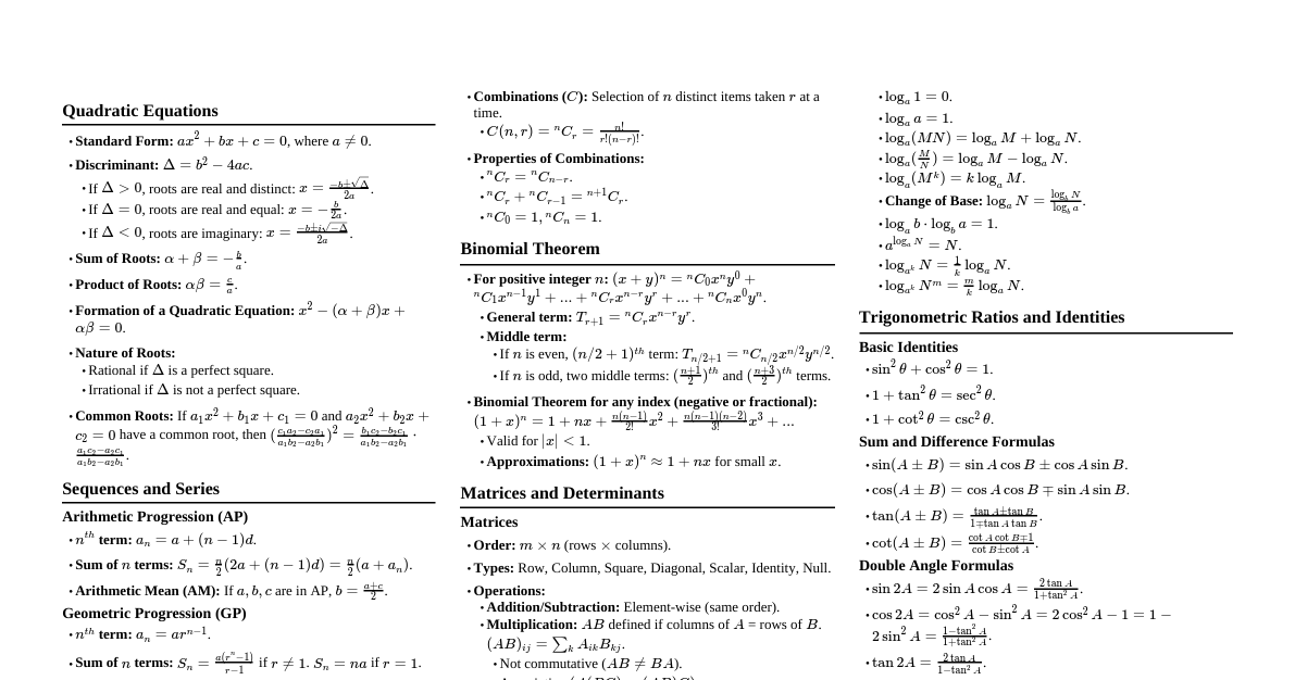 JEE Mathematics Formulas