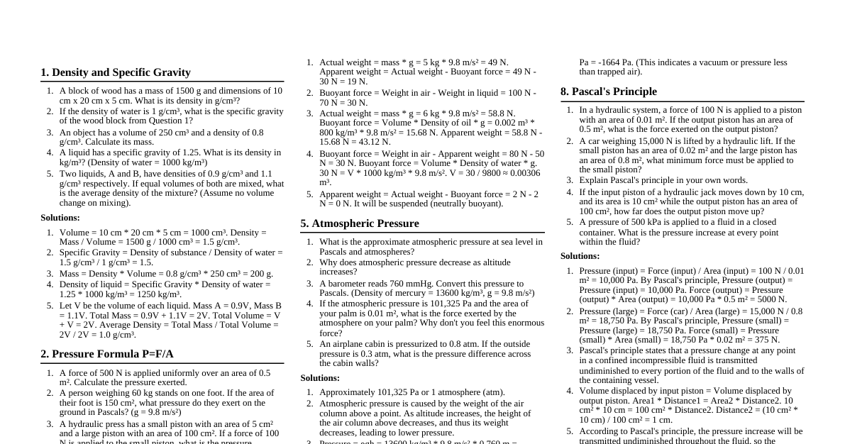 Fluid Mechanics - Practice Qs