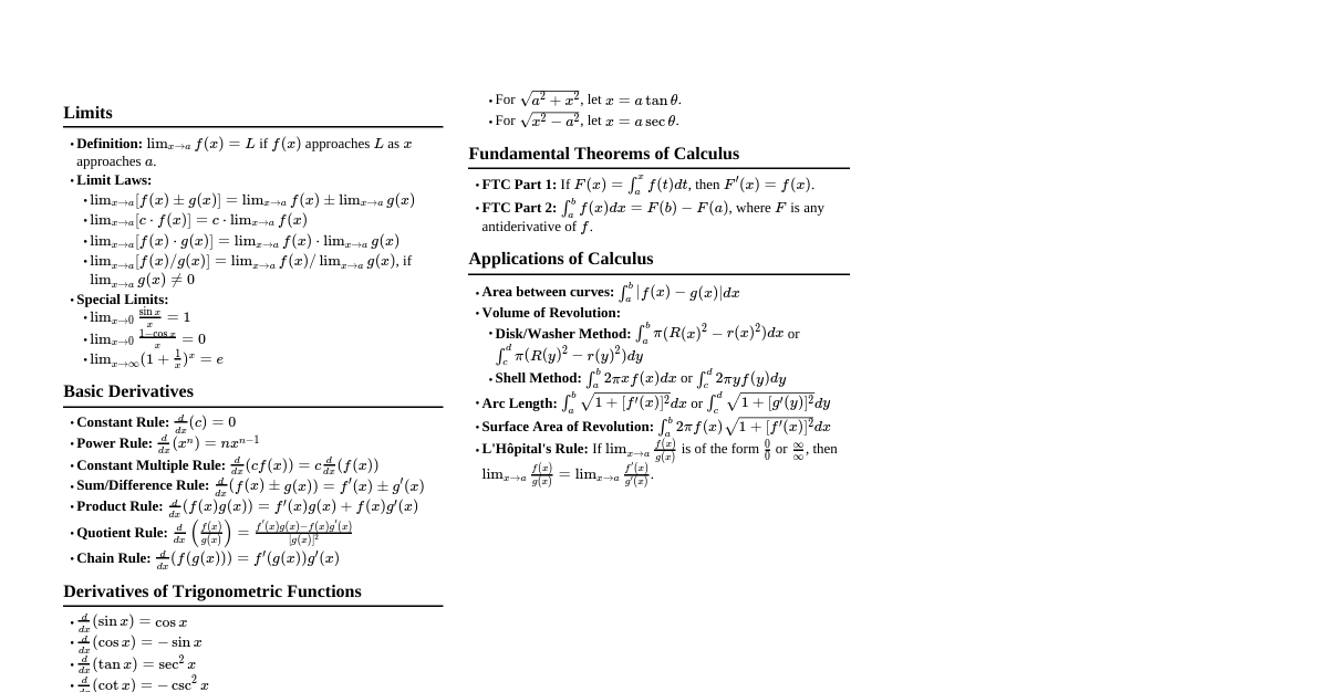 Calculus Formulas