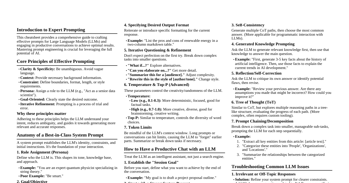 Generate a 6-10 Page Cheat sheet for Professional Expert Prompting, AND How to produce the Best Systemprompt to Perform what I want. AND How to have a Chat with a LLM, and to get the Best Results.