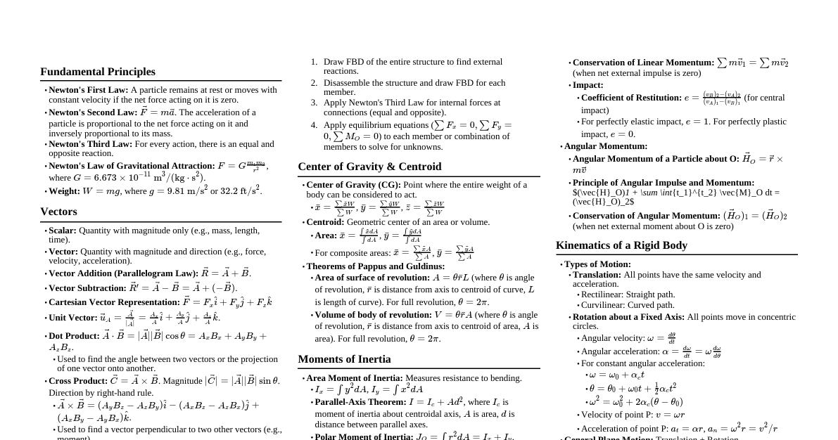 Hibbeler Mechanics Cheatsheet
