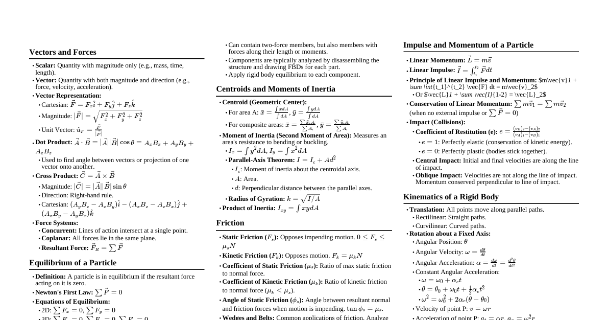 Hibbeler Mechanics Cheatsheet