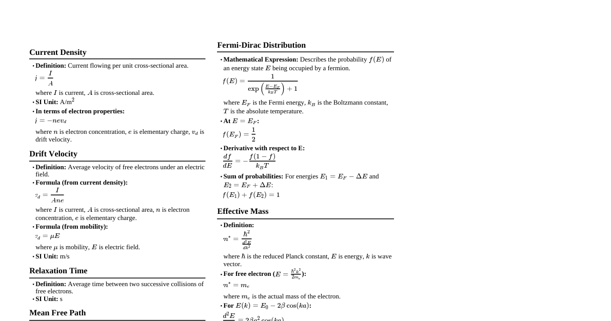Semiconductor Physics Formulas