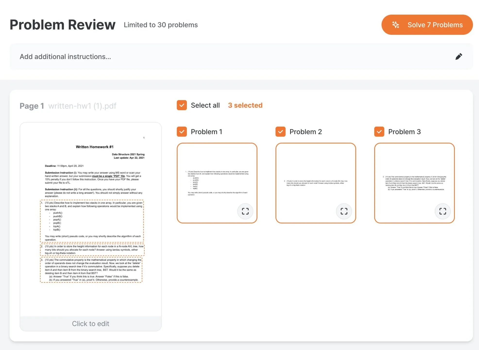 GPAI automatically detecting and selecting multiple STEM problems from a single uploaded homework image